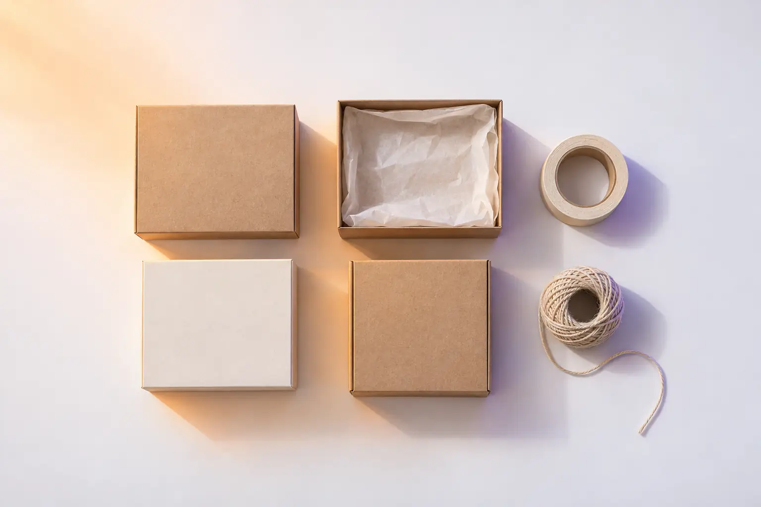 An overhead flat-lay of four plain kraft and off-white boxes, one open and lined with tissue, with a roll of paper tape and cotton twine on a pale surface.