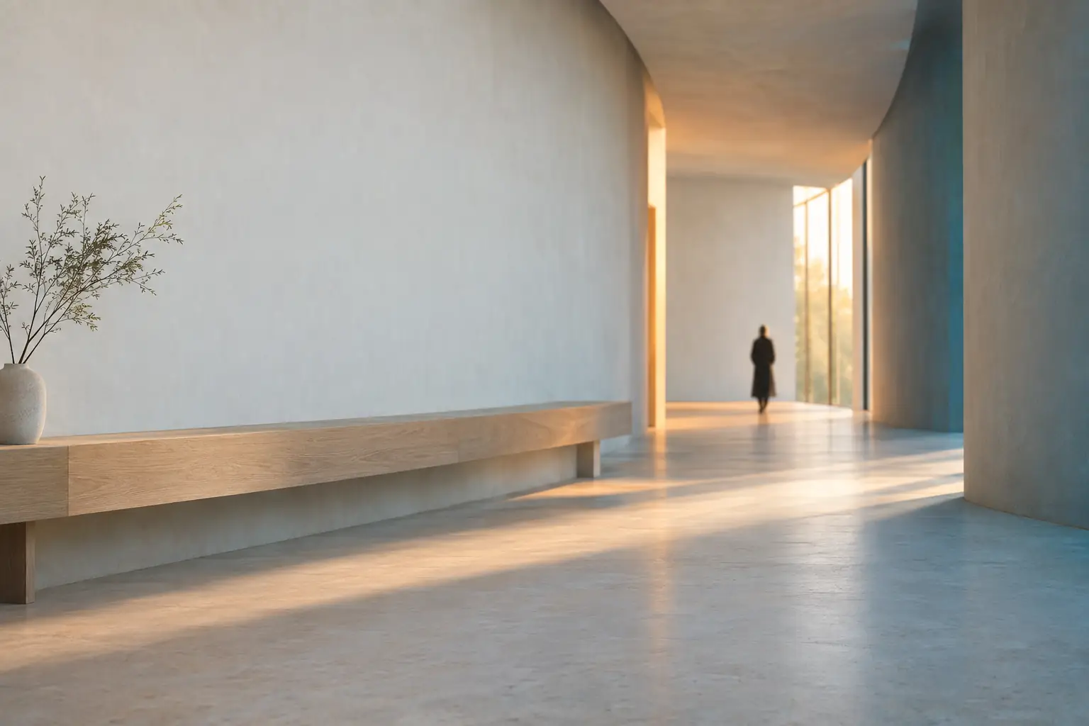 A calm, almost empty curved clinic corridor in pale plaster and oak, morning light pooling across the floor and one distant out-of-focus figure at the far end.