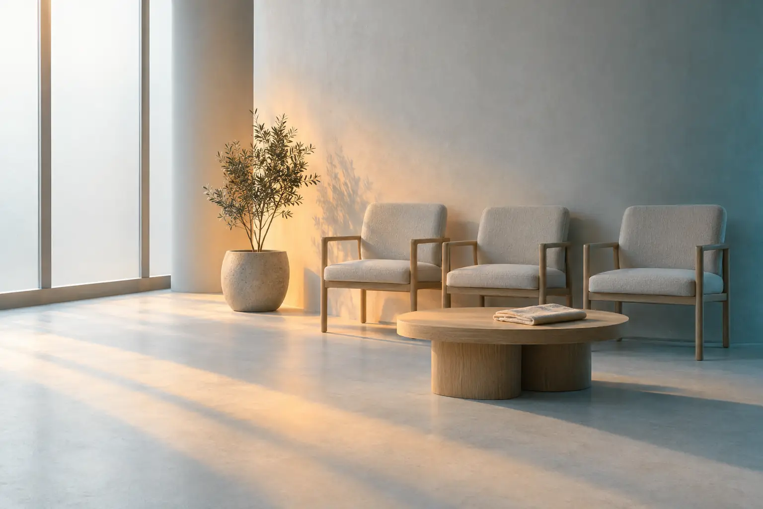 An empty clinic waiting area with three pale chairs against a curved wall, a potted olive tree, and long morning shadows across the floor.
