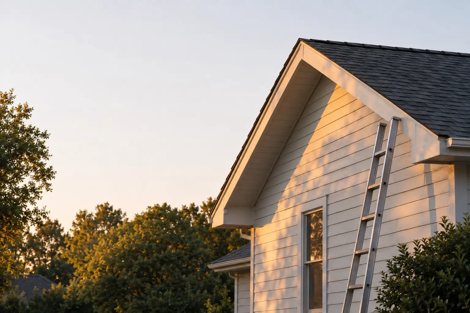 The clean gable and eave of a well-kept suburban house at golden hour, with a plain aluminium ladder leaning against the eave.
