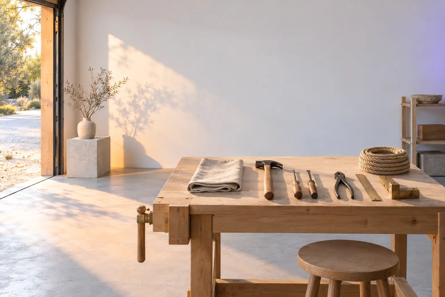 A tidy pale timber workbench with plain steel and brass hand tools, a coil of rope and a folded canvas cloth, lit by morning light from an open door.