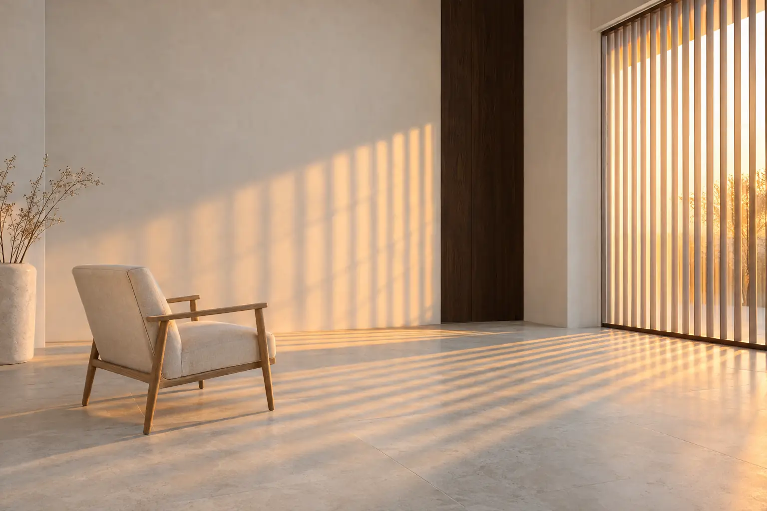 An empty upholstered chair angled toward a tall slatted window in a walnut-panelled room, late light laying long bars of warm light across the stone floor.