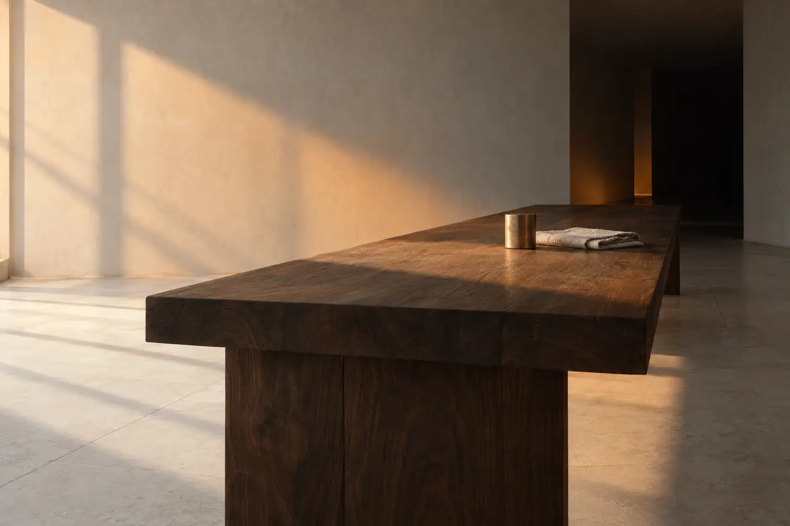 A long dark walnut table alone in a bare pale room, bearing only a brass weight and a folded linen cloth, crossed by one shaft of warm light.