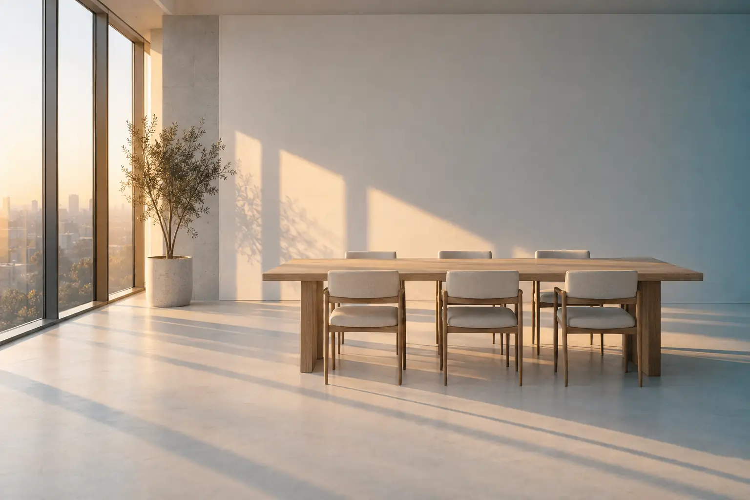 An empty meeting room with a long bare pale oak table and six chairs, low morning light laying long rectangles of warm light across the tabletop and floor.