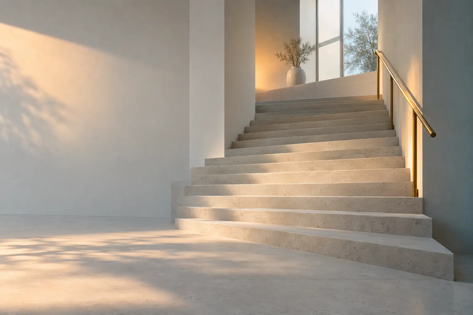 A wide flight of shallow pale stone stairs rising to a landing, each tread softly shadowed, with a slim brass handrail catching a warm highlight.