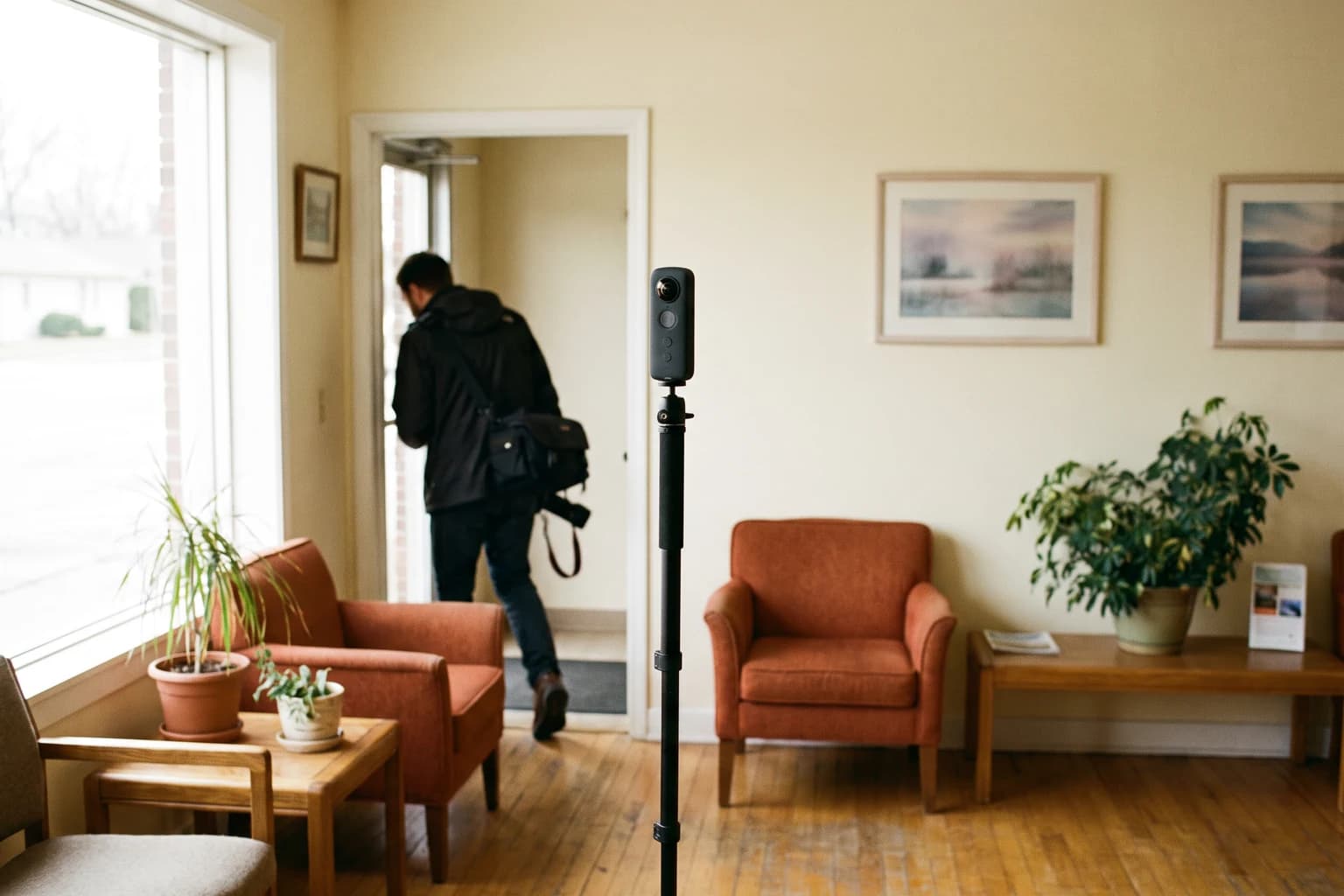 A small 360 degree camera stands on a slim tripod in the middle of a bright, tidy reception area with a wooden desk, plants and an orange armchair, while a photographer seen from behind steps out through a doorway.