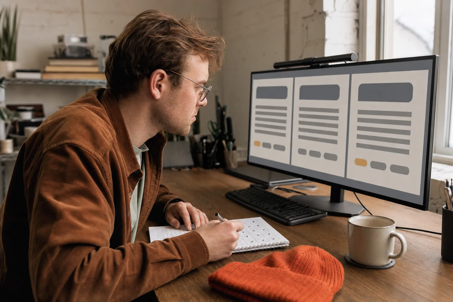 A young man in wire glasses and a corduroy overshirt marks a grid in his notebook while studying a wide monitor showing three answer columns side by side, each with a row of source chips, an orange beanie on the desk.