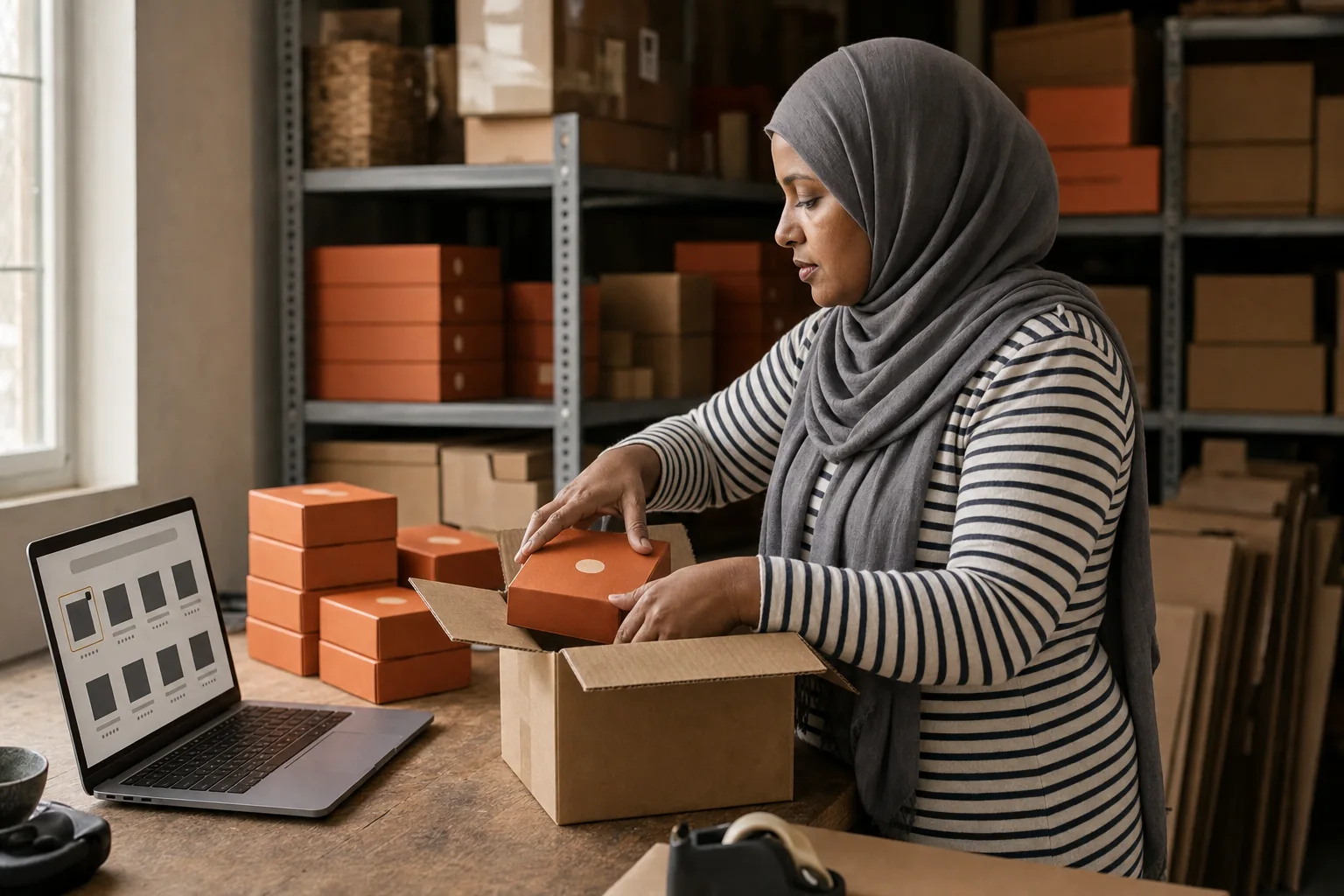 A woman in a grey hijab and striped shirt lowers a small orange product box into a shipping carton at a stockroom workbench, glancing at a laptop that shows a search bar above a grid of product tiles, one of them outlined.