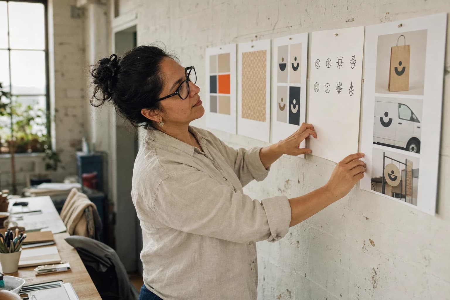 A woman in glasses and a linen shirt pins a row of printed identity boards to a studio wall: colour swatches, a pattern, one symbol in several arrangements, a set of icons, and mock-ups of a paper bag, a van and a shop sign.