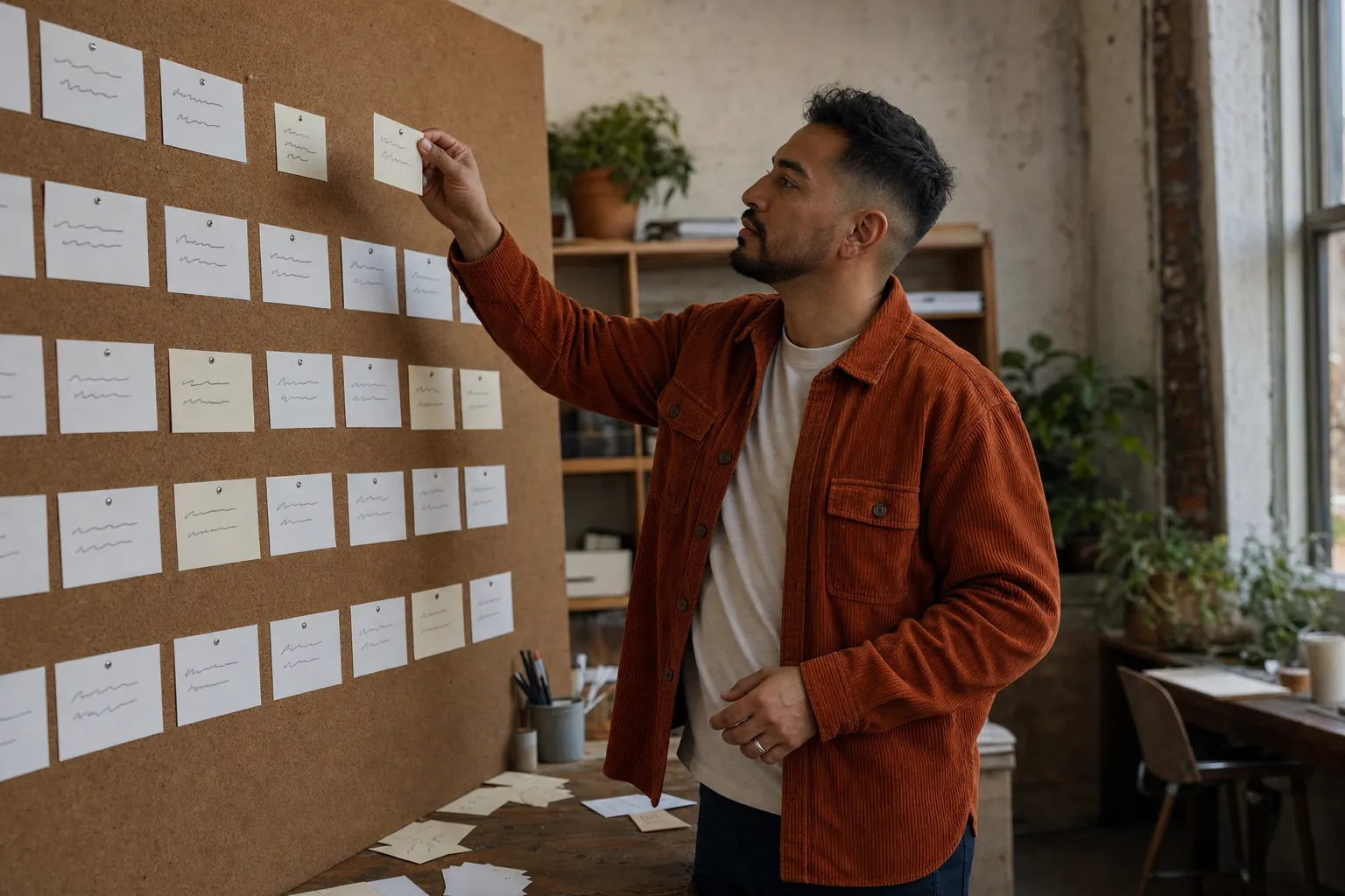 A bearded man in a burnt orange corduroy overshirt holds an index card up to a cork wall where rows of handwritten cards are pinned, deciding where in the rows it belongs.