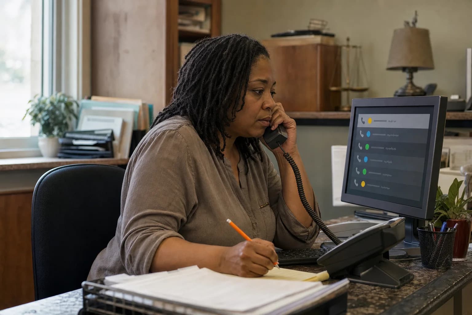 A woman with shoulder-length locs holds a desk phone to her ear and writes a note with an orange pencil, beside a monitor showing a list of calls, each with a phone icon and a coloured dot.