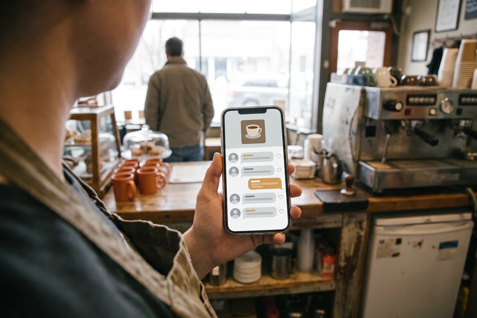 Seen over a barista's shoulder behind a cafe counter, a phone shows a photo of a latte above a thread of comment bubbles with one orange reply, while a customer waits out of focus beyond a row of orange cups.