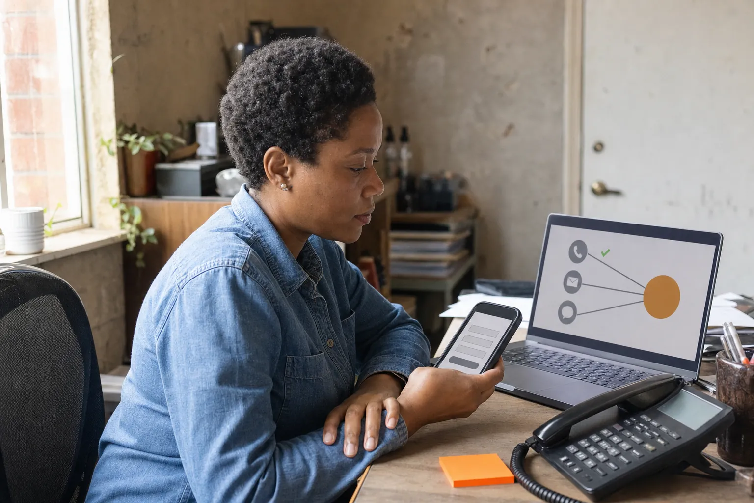 A woman in a denim shirt holds a phone showing a short form, beside a laptop whose screen shows a phone, an envelope and a chat bubble each linked by a line to one orange circle.