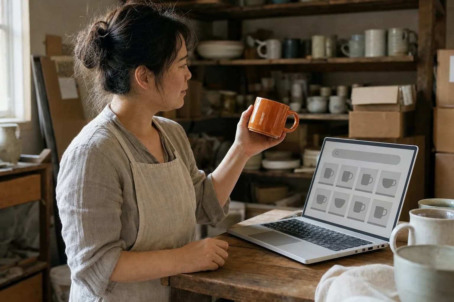 A potter in a linen apron holds up a glazed orange mug beside a laptop showing a search bar above a grid of mug and bowl product tiles, with shelves of ceramics and shipping boxes behind her.