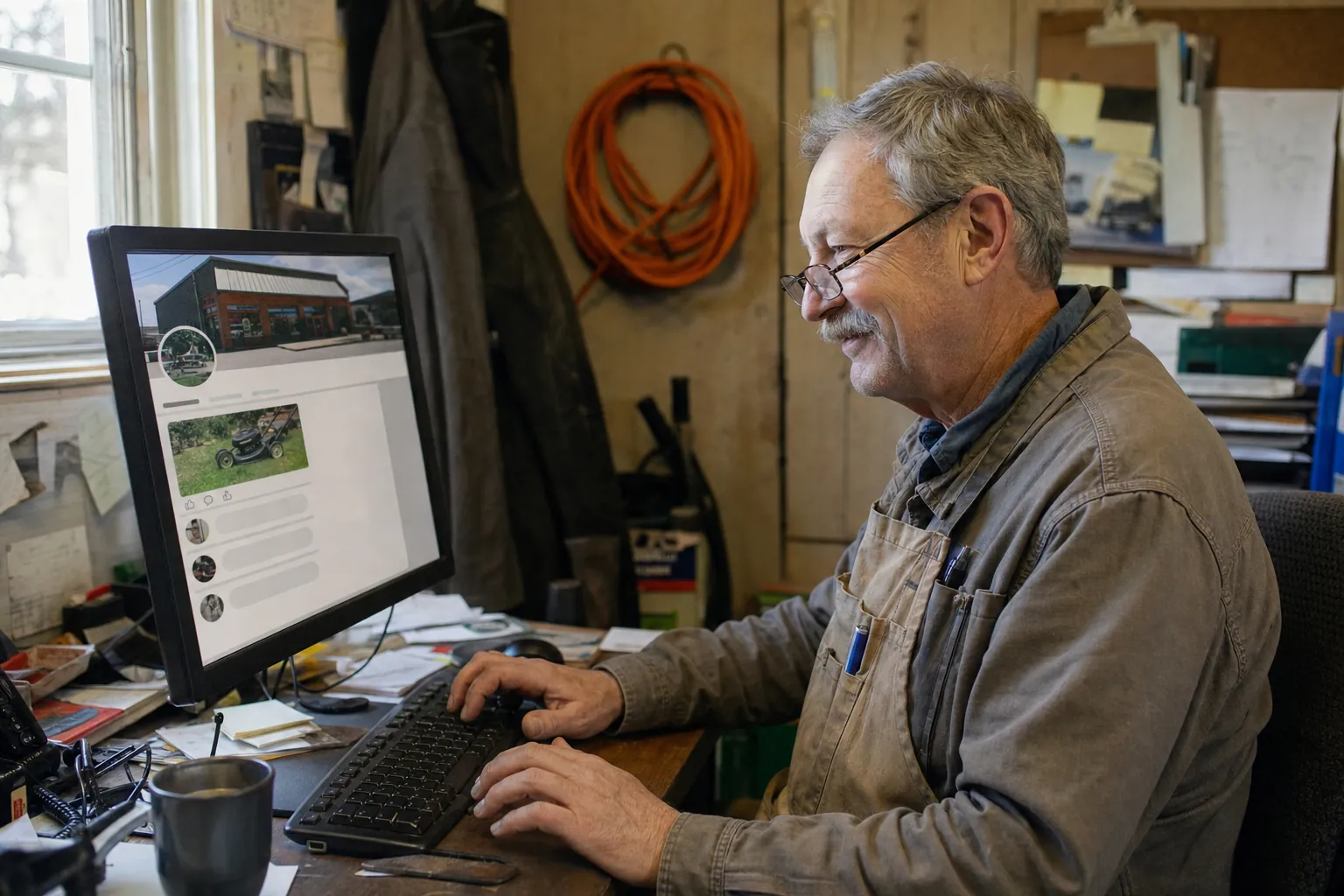A smiling grey-haired man in glasses and a canvas apron types at a cluttered back-office desk, his monitor showing a page with a shopfront cover photo, a round profile picture and a post with comments.