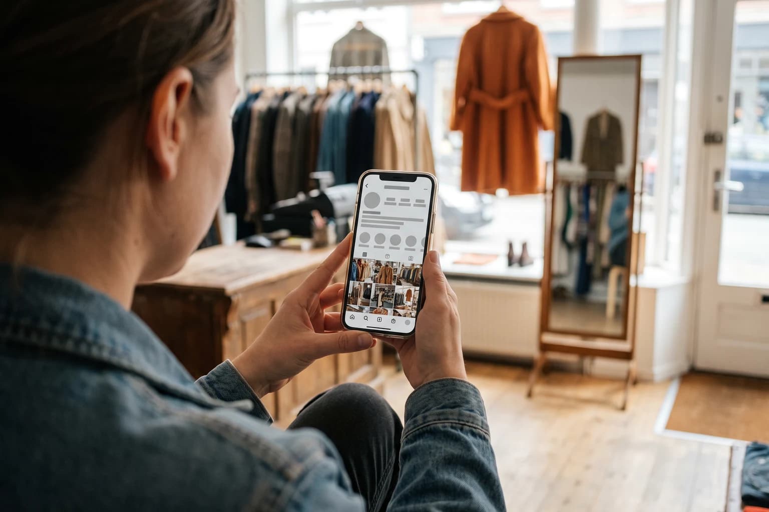 Seen over her shoulder in a vintage clothing shop, a woman holds a phone showing a profile page with a round picture, a row of highlight circles and a grid of square photos, clothes rails and an orange coat beyond.