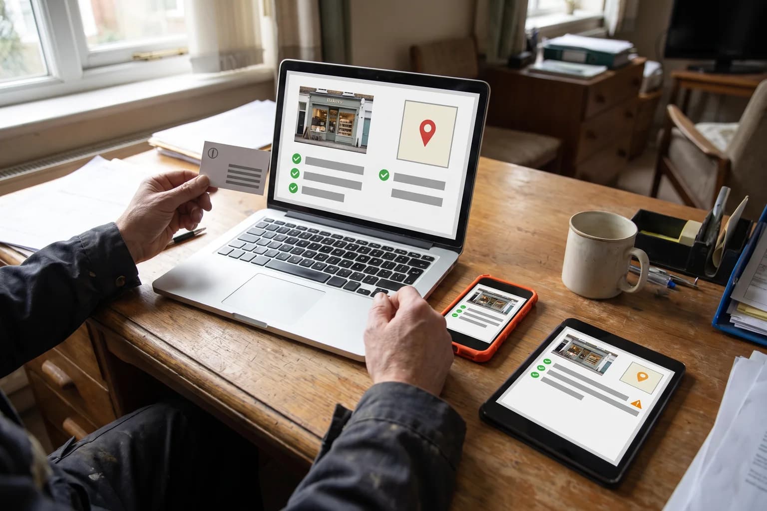 A man's hands hold a printed business card up to a laptop showing a business listing with a shopfront photo, a map pin and green ticks, while a phone and a tablet on the desk show the same listing.