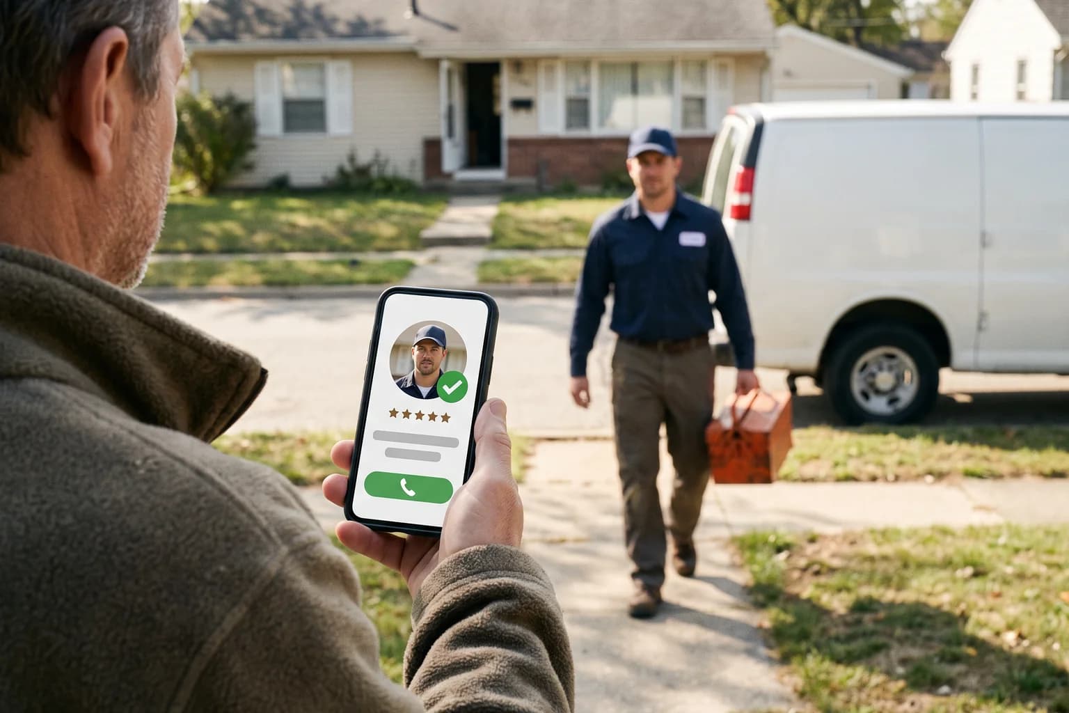 Seen over a homeowner's shoulder, a phone shows a local tradesman's profile with a green tick badge, five stars and a call button, while the same man in a navy work shirt walks up from a white van carrying an orange toolbox.