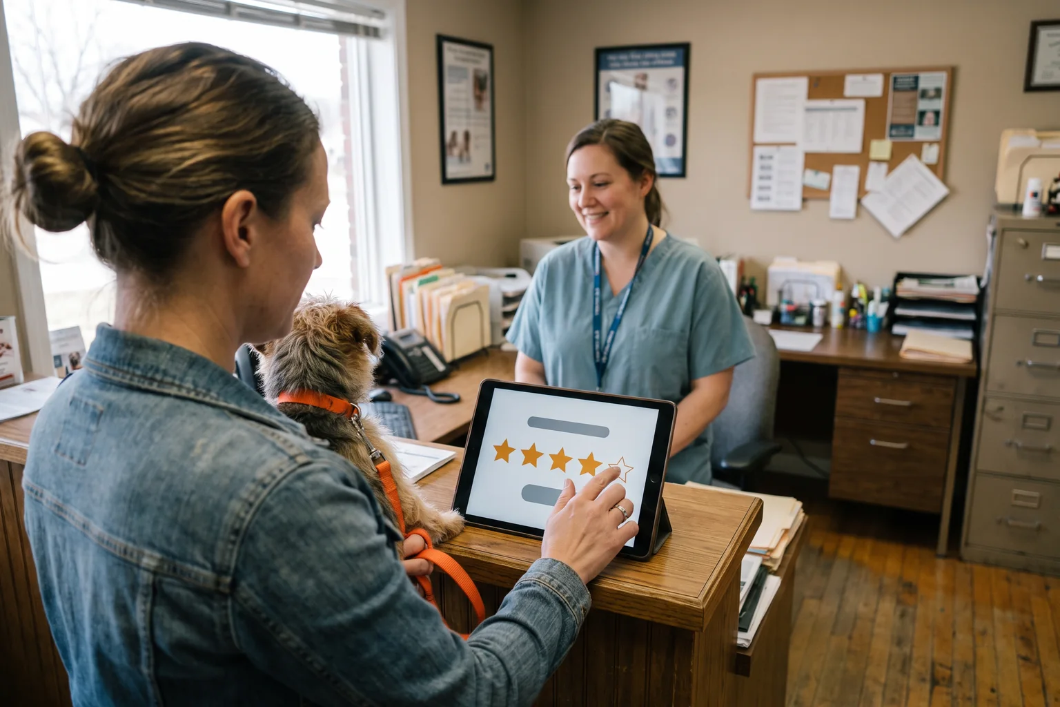 Seen over her shoulder at a veterinary clinic desk, a customer holding a small terrier taps the fifth star on a tablet showing a row of stars, while a receptionist in scrubs smiles behind the counter.