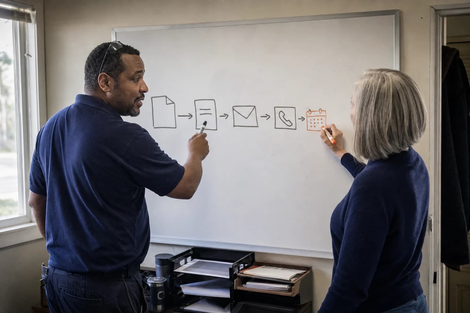 A woman with a grey bob draws a small calendar square in orange marker at the end of a row of boxes and arrows that narrows across a whiteboard, while a man in a navy polo beside her points at one of the boxes.