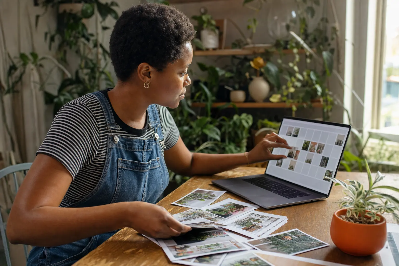 A young woman in a striped tee and denim overalls places a photo into a month grid of thumbnails on a laptop, with printed photos of plants spread on the table and shelves of plants behind her.