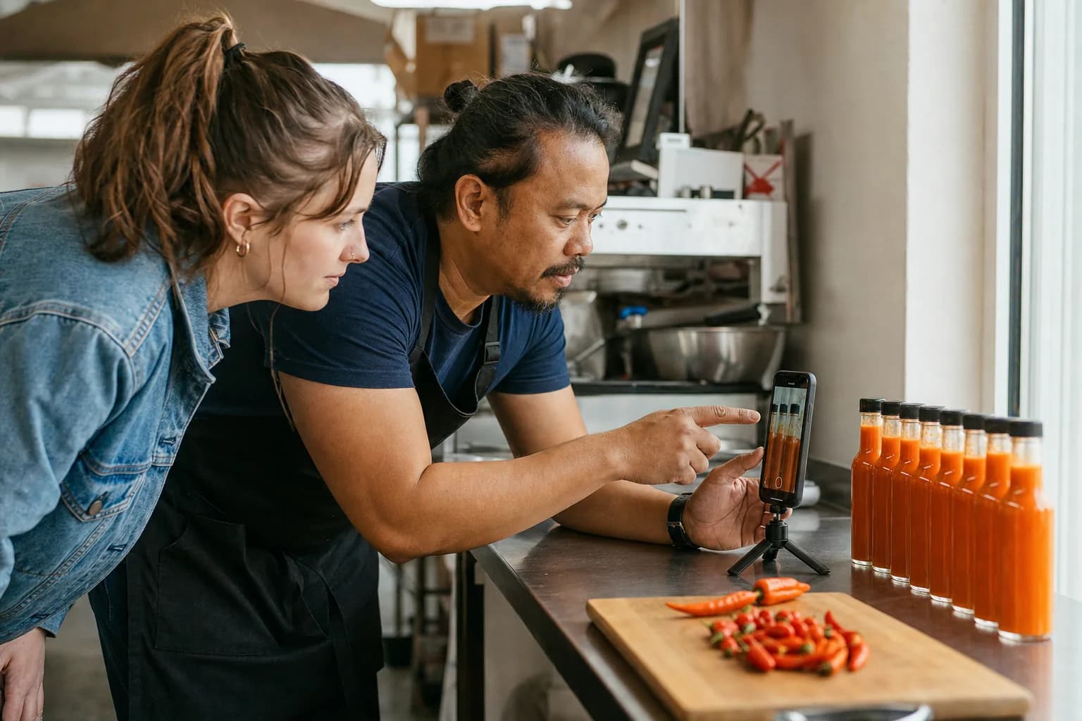 A man in a black apron bends to a phone standing upright on a small tripod, filming a row of bottles of orange hot sauce on a kitchen worktable, while a young woman in a denim jacket leans in beside him to check the framing.