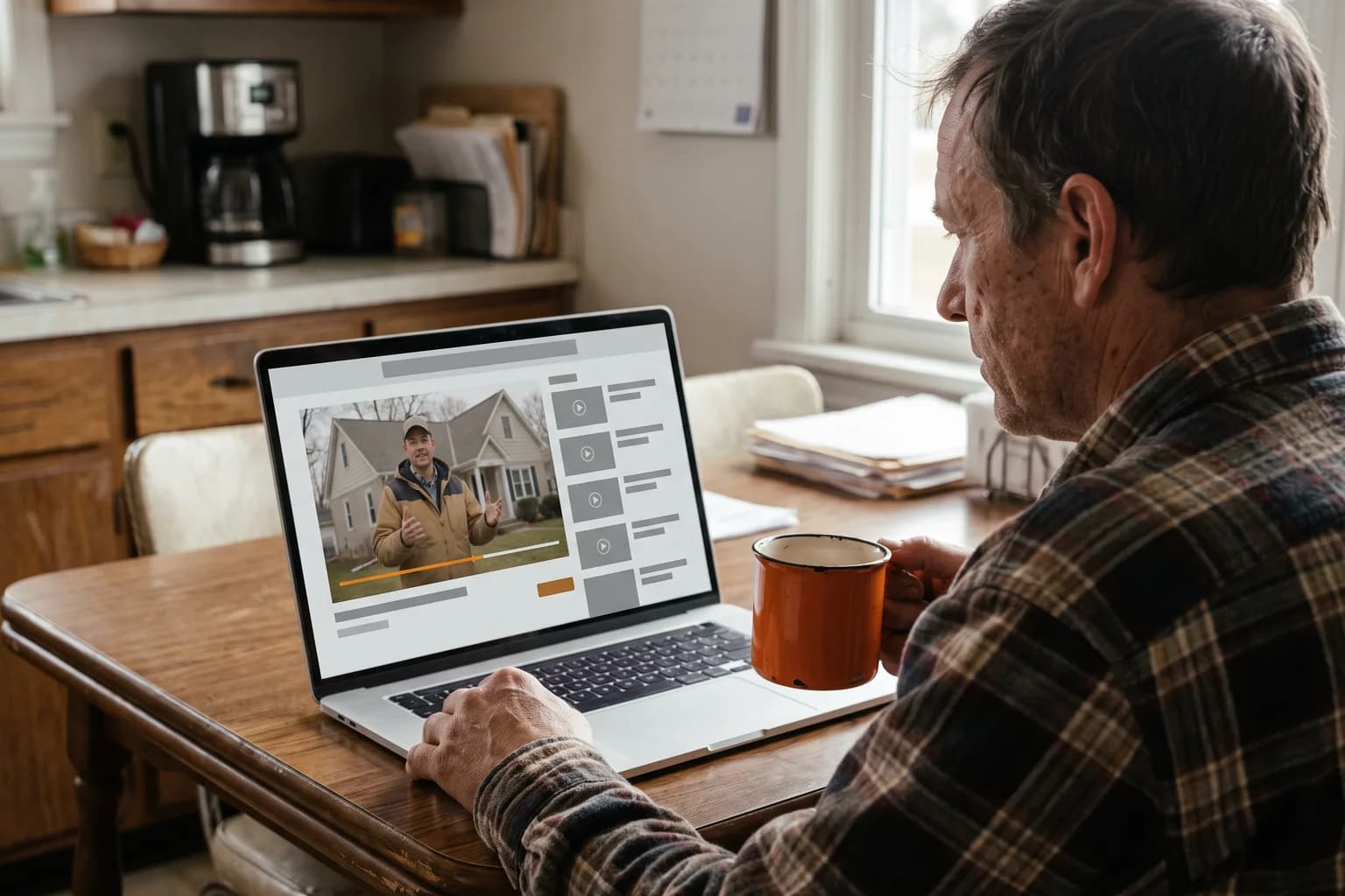 Seen from beside him at a kitchen table, a man with an orange mug watches a laptop playing a video of a contractor standing outside a house, with a progress bar beneath it and a column of video thumbnails alongside.