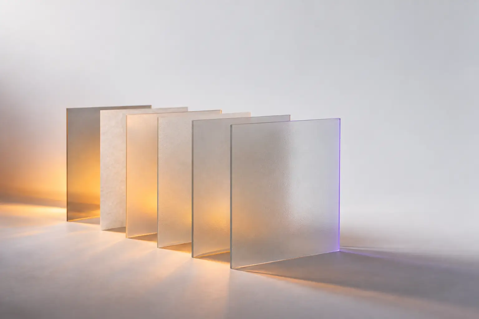 Six translucent glass and vellum panes floating in precise parallel alignment, with warm light passing through the stack from behind.