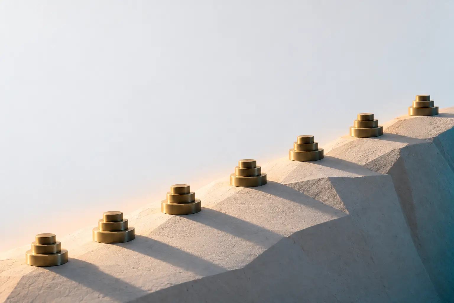 Seven small brass waypoint cairns spaced along a gently rising pale plaster ridge, each casting a long shadow down the slope.