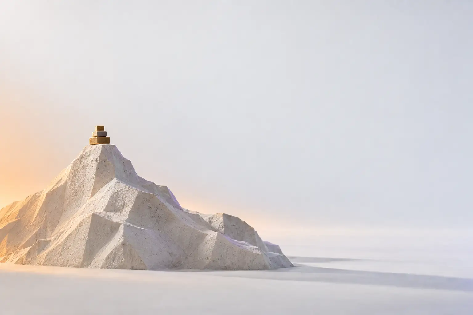 A faceted pale plaster mountain ridge with a small brass waypoint marker at its summit, lit by warm low light on a pale studio background.