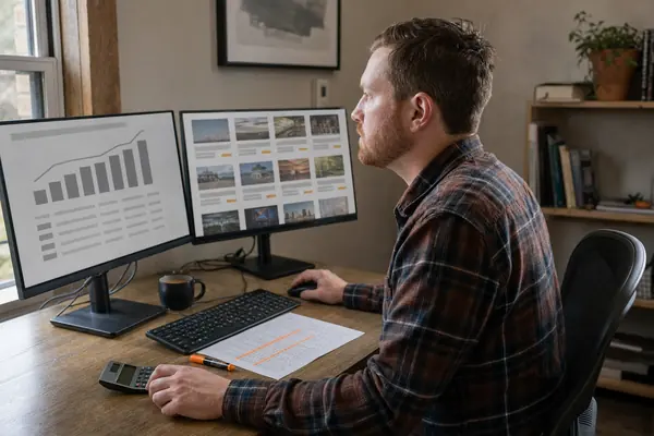 A bearded man in a flannel shirt sits at two monitors, one showing a rising bar chart and the other a grid of small ad tiles, one hand on a desk calculator and a printed spreadsheet striped with orange highlighter on the desk.