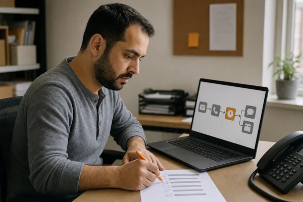A bearded man in a grey henley ticks a printed checklist with an orange pen beside a laptop showing a flow of boxes and arrows with small icons, an ordinary desk telephone next to it.