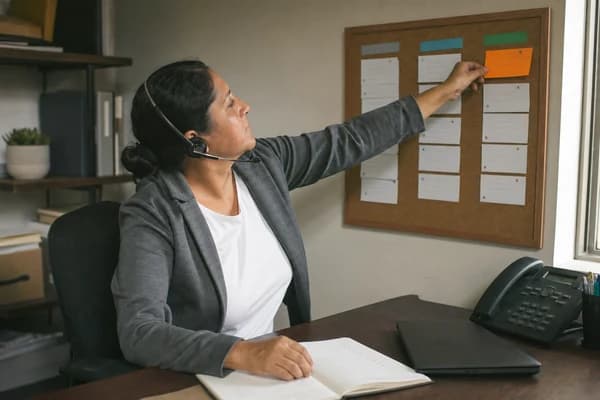 A woman in a grey blazer wearing a telephone headset presses an orange index card into the third of three columns of cards on a cork board beside her desk, a closed laptop and a desk phone in front of her.