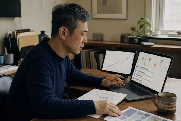A man in a navy sweater leans toward a laptop showing a map with pins above a list of grey bars, a second monitor beside it showing a single rising line chart, an orange pencil in his hand over an open notebook.