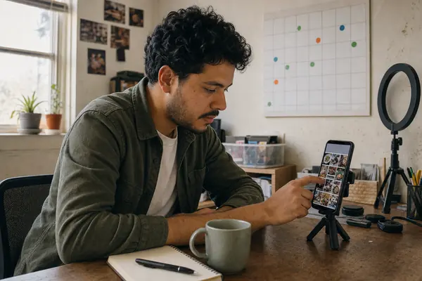 A man with dark curly hair in an olive overshirt scrolls a grid of photo tiles on a phone mounted on a small tripod, a ring light switched off beside him and a wall calendar dotted with orange, green and blue stickers behind.