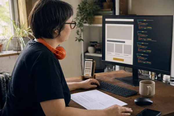 A woman in glasses and a black tee with orange headphones around her neck works at a wide monitor showing a page of flat blocks beside rows of code, a phone in a stand showing the same page and a pencil sketch of it under her hand.