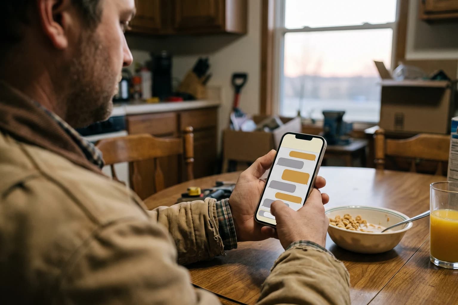 Seen over his shoulder at a kitchen table at first light, a man in a work jacket holds a phone showing a chat of grey and amber bubbles, with a bowl of cereal and a glass of orange juice beside him.