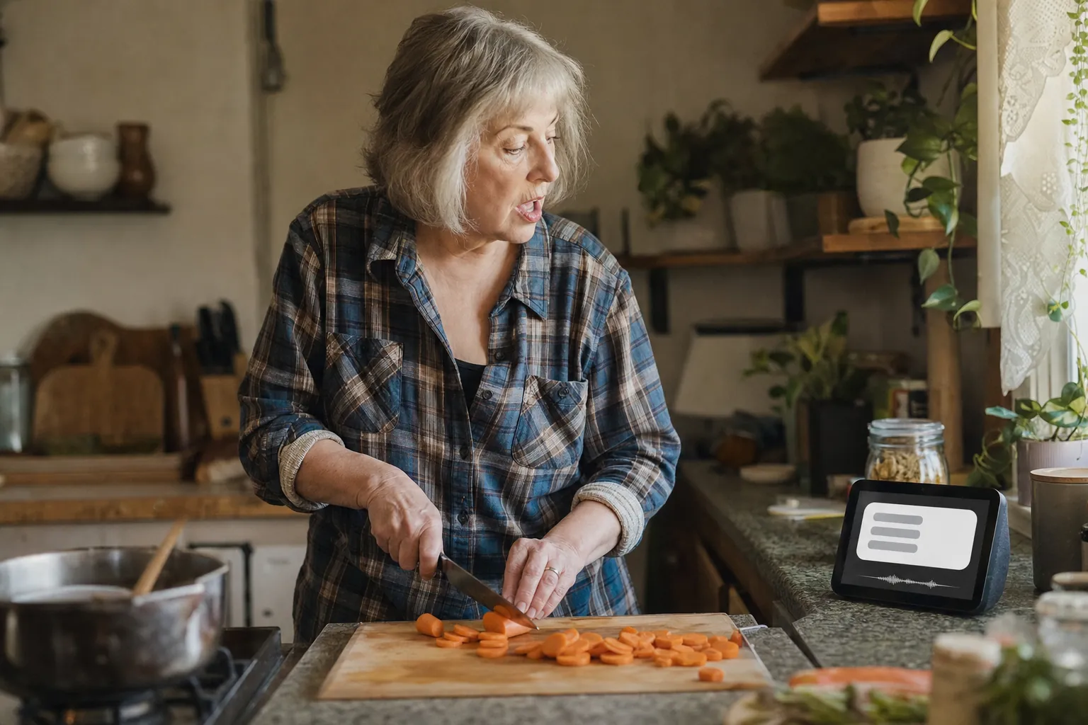 A silver-haired woman in a plaid shirt, chopping carrots at her kitchen counter, turns to speak to a small smart display that shows a single answer card.