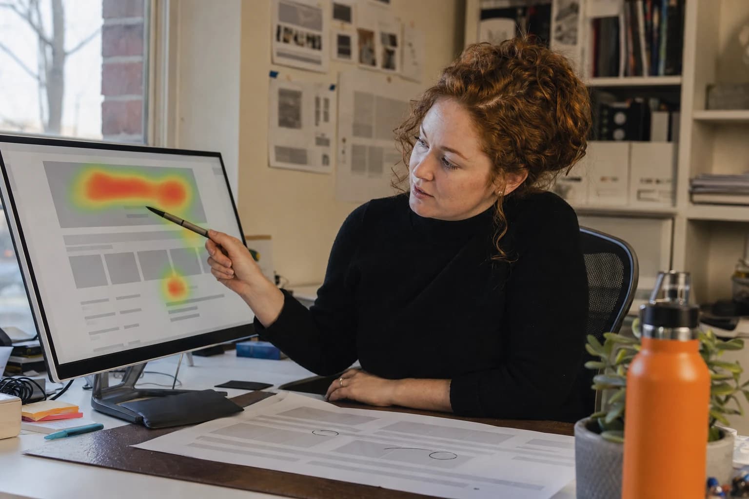A woman with curly red hair points a pen at a monitor showing a page layout overlaid with red and yellow heat map patches, printed layouts with pen circles on the desk in front of her.