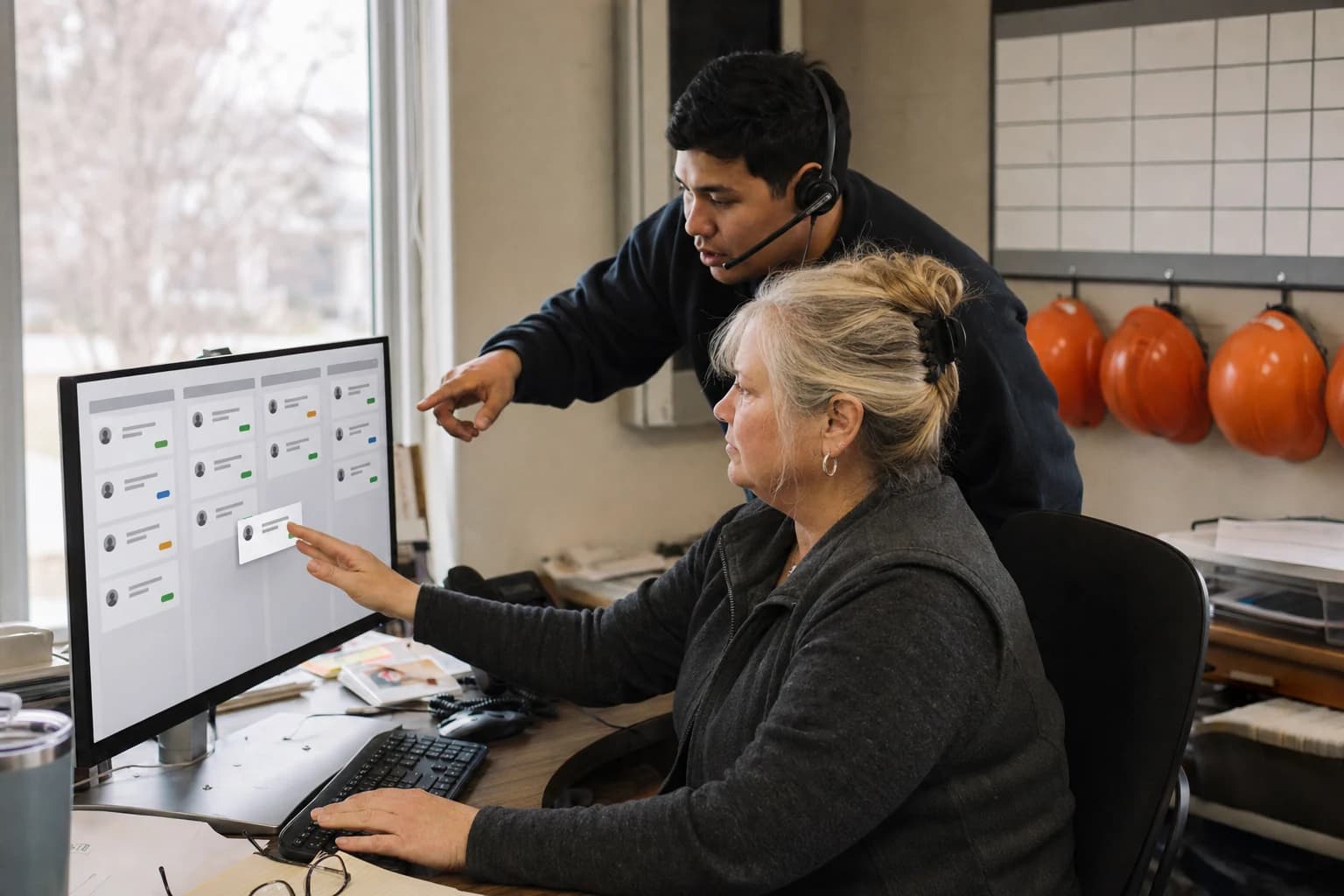 A woman with clipped-back blonde hair moves a card across a board of columns on her monitor while a young man in a telephone headset leans over her shoulder and points, orange hard hats hanging on the wall behind them.