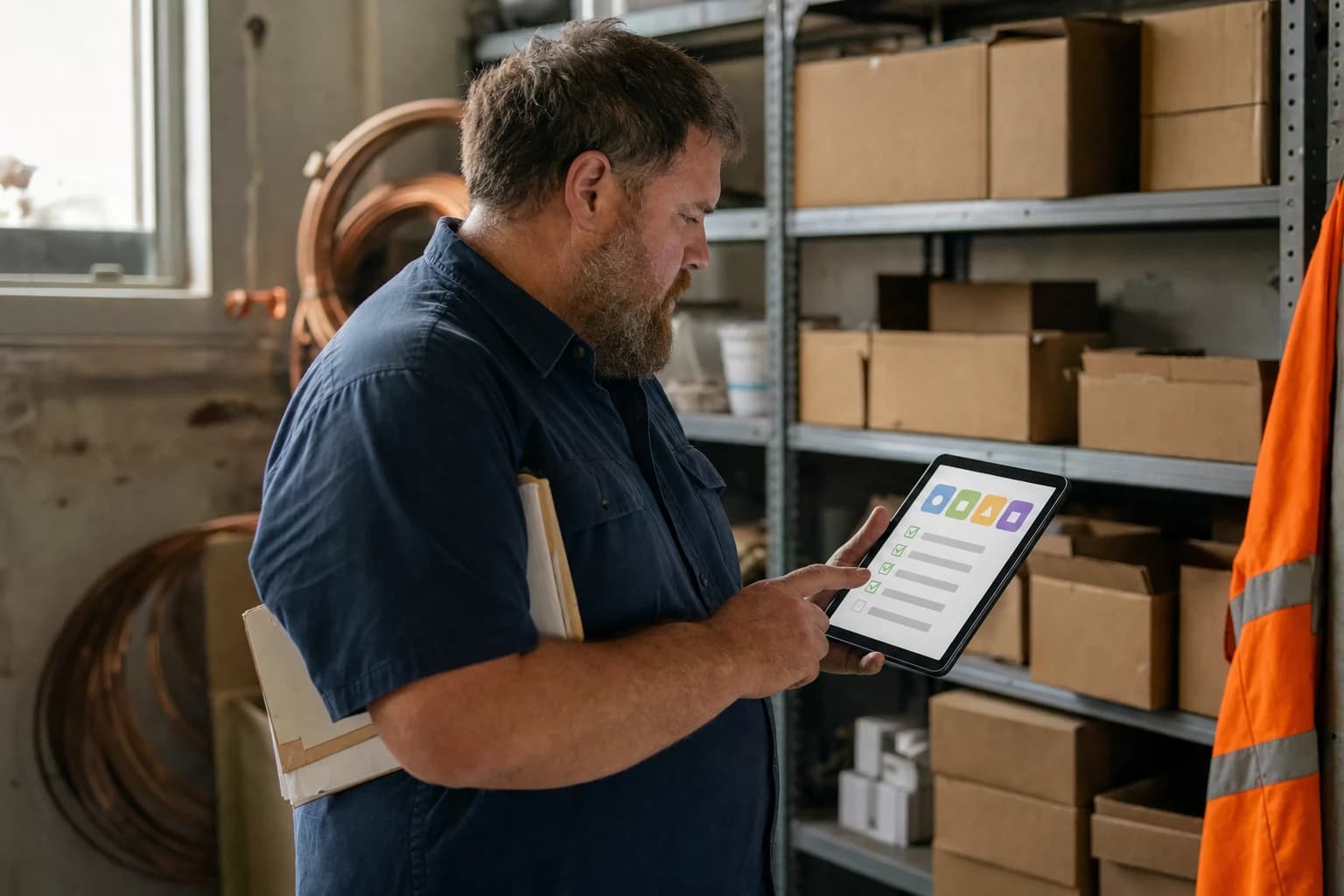 A bearded man in a navy work shirt, a paper clipboard tucked under his arm, taps a checklist on a tablet in a parts storeroom lined with plain boxes and coils of copper tube, an orange safety vest hanging beside him.