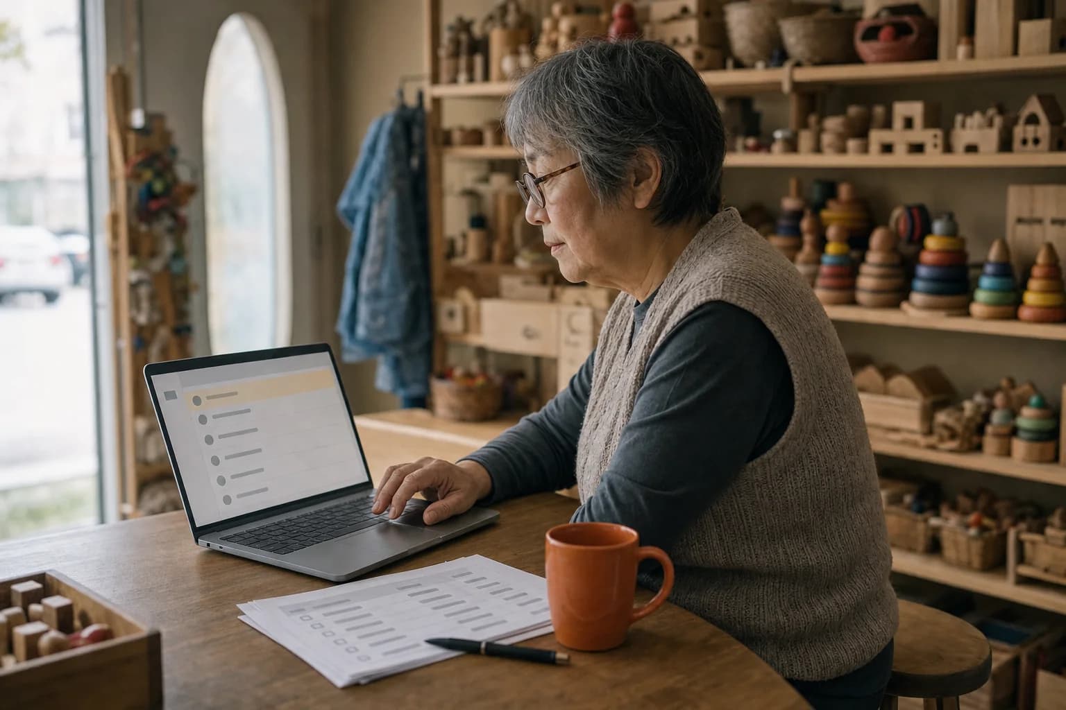 A grey-haired woman in reading glasses and a knitted vest sits at a toy shop counter with a laptop showing a list of message rows, a printed customer list, a pen and an orange mug beside it and shelves of wooden toys behind her.