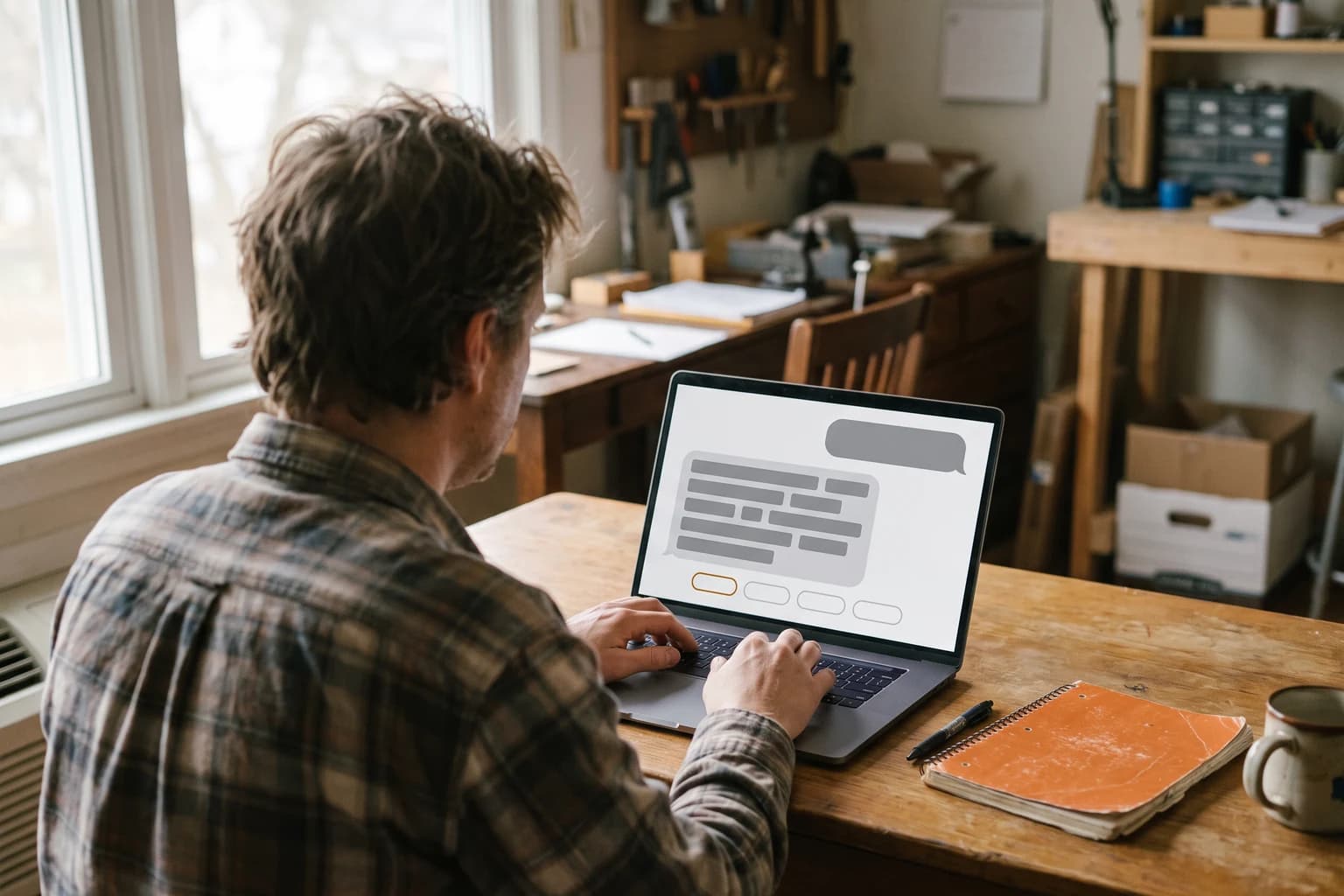 Seen over his shoulder, a man in a plaid shirt types on a laptop showing an assistant style answer with a row of source chips beneath it, an orange notebook and a mug beside him on the wooden desk.