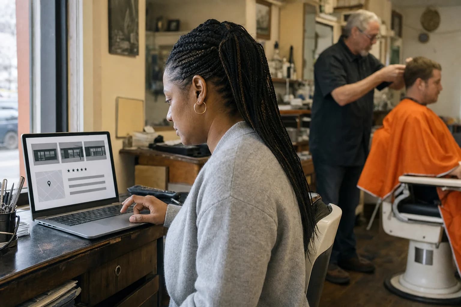 A woman with long braids sits at a barbershop counter updating a business listing on a laptop that shows shopfront photos, a row of stars and a map pin, while a barber cuts a customer's hair behind her.