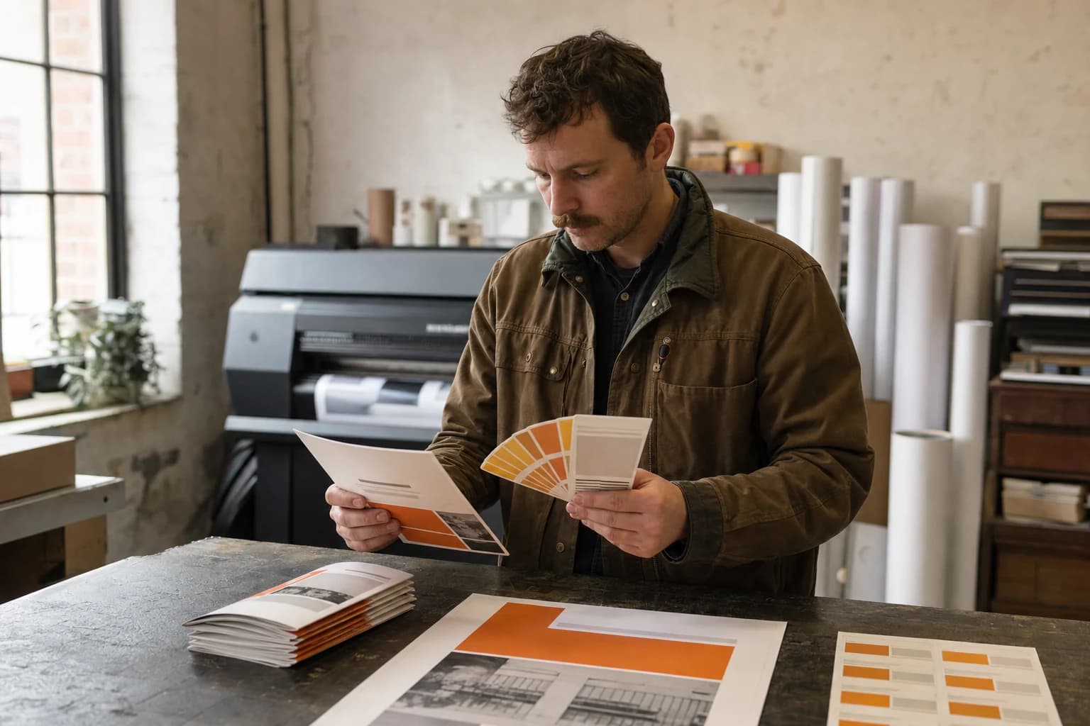 A man with a moustache in a canvas jacket holds a fan of colour swatches against a freshly printed brochure at a print shop counter, with folded flyers, a poster and a sheet of cards in front of him and a large printer behind.