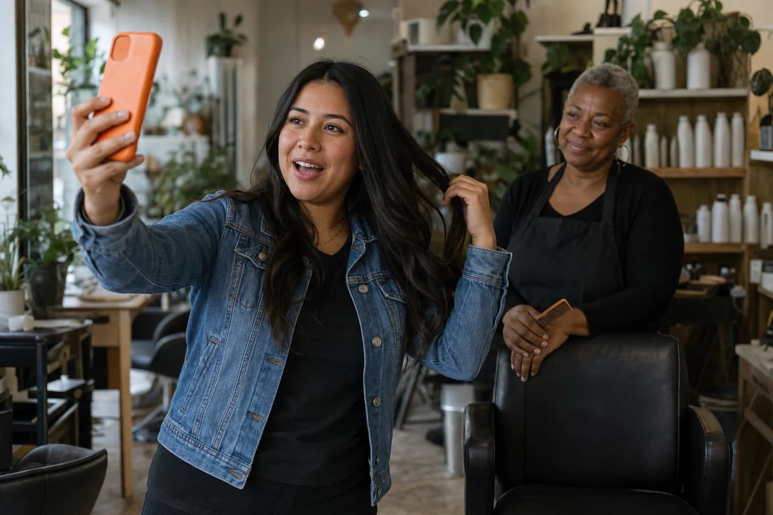 A young woman in a denim jacket holds a phone in an orange case out at arm's length and talks to it, laughing, inside a hair salon, while a hairdresser in a black apron watches from beside a styling chair behind her.