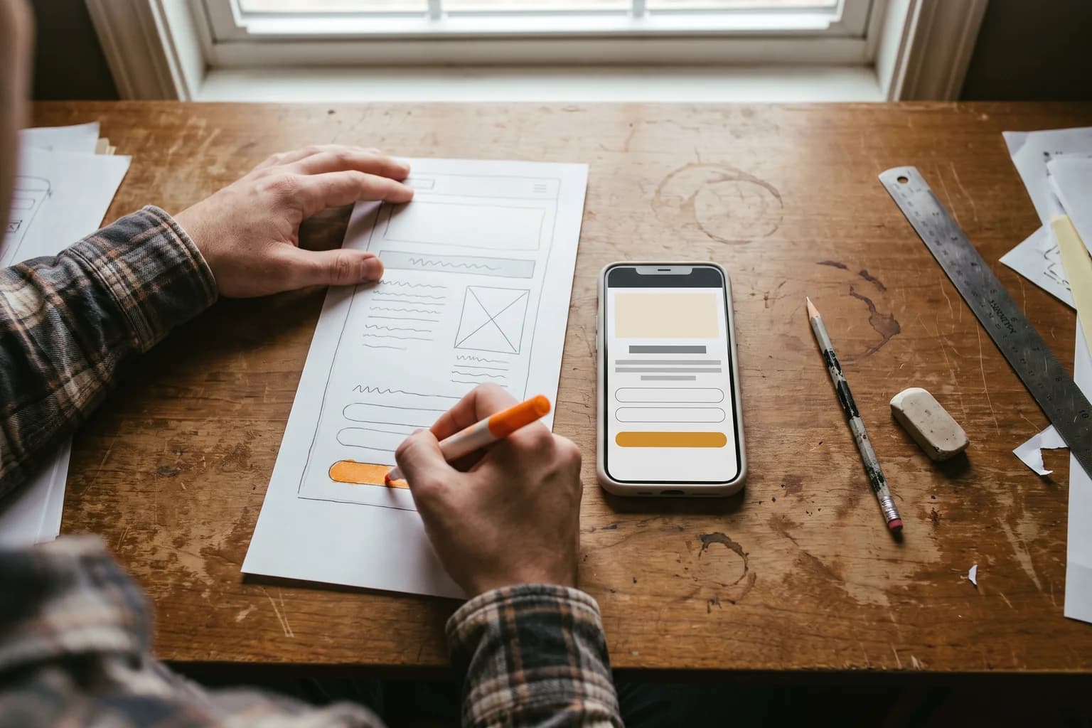 A designer's hands colour in the button at the foot of a tall pencil sketch of a single web page with an orange marker, beside a phone showing the same page layout built as blocks with one orange button.