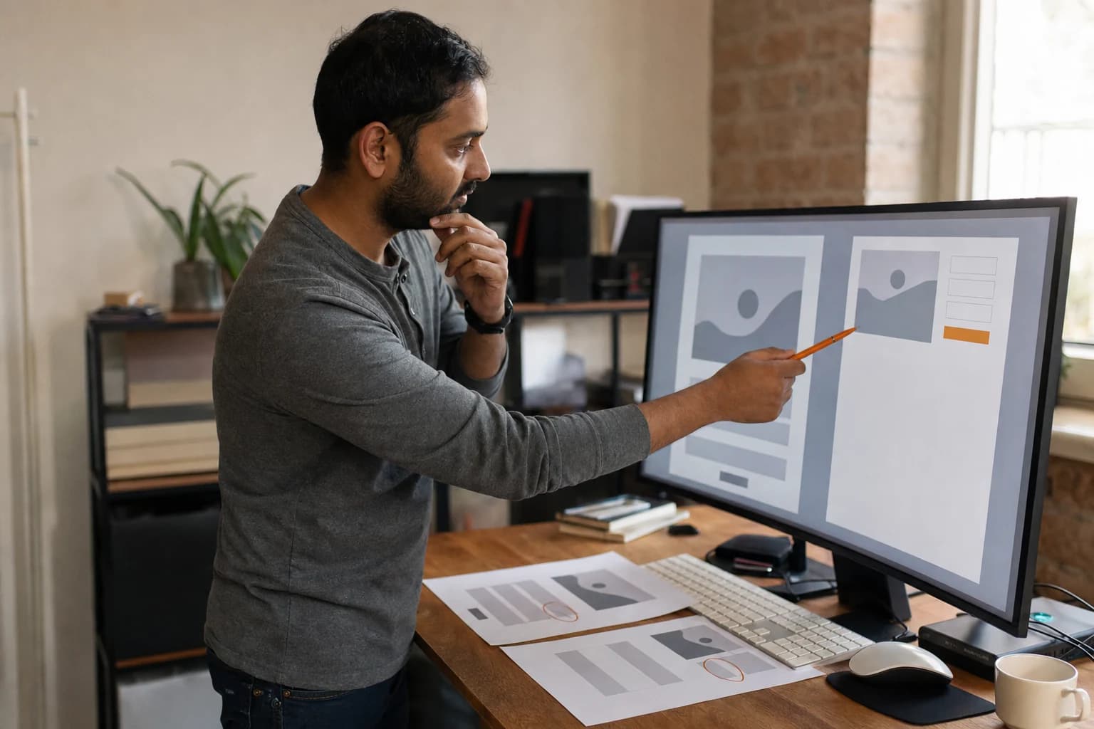 A bearded man in a grey henley, one hand at his chin, points an orange pen at the second of two page layouts shown side by side on a wide monitor, with printouts of both layouts on the desk.