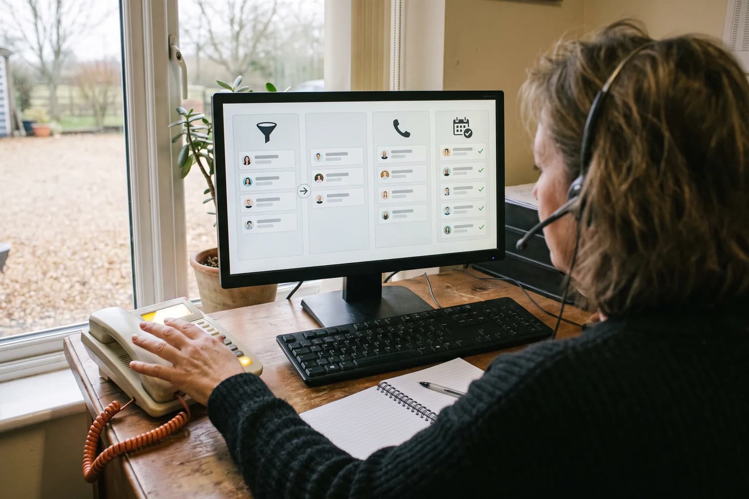 Seen over the shoulder of a dispatcher in a telephone headset, a hand reaches for a ringing desk phone beside a monitor showing cards moving across three lanes headed by a funnel, a handset and a calendar symbol.