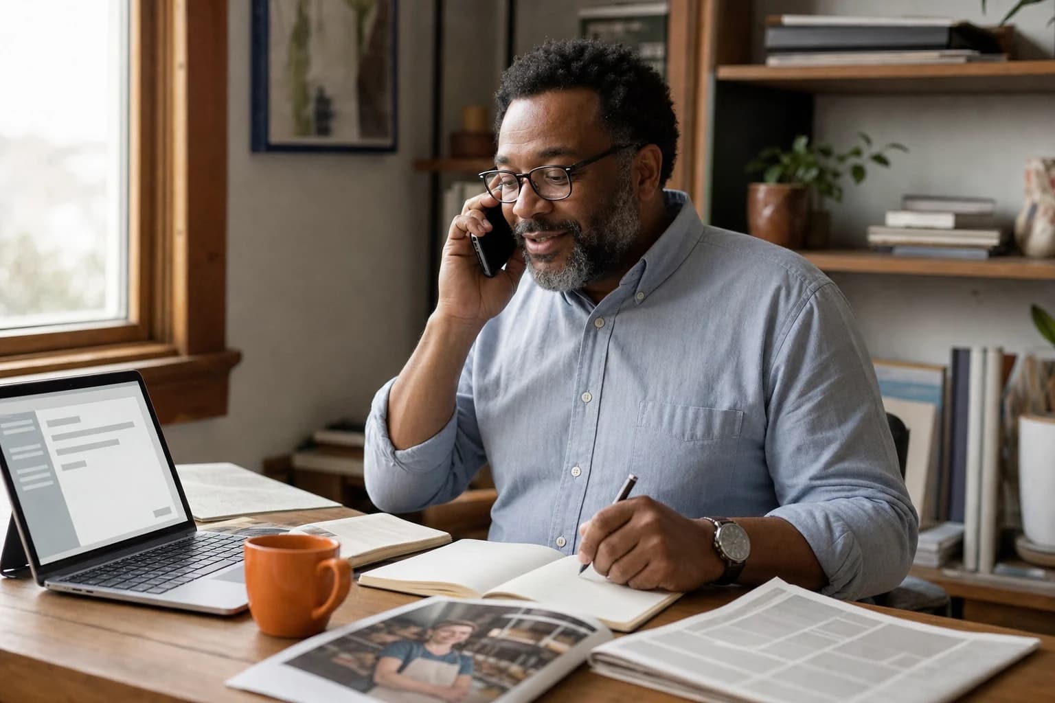 A bearded man in glasses talks on a phone while writing in a notebook at a desk with an open laptop, an orange mug, a folded newspaper and a magazine open at a photo feature.